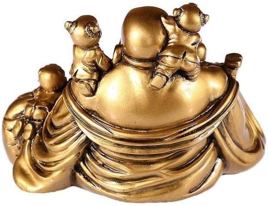 Lachineuse Lachend Boeddhabeeld met 5 kinderen goudkleurig Feng Shui-decoratie Chinees zen-decoratieobject voor binnen woonkamer cadeau-idee China Azië veel geluk