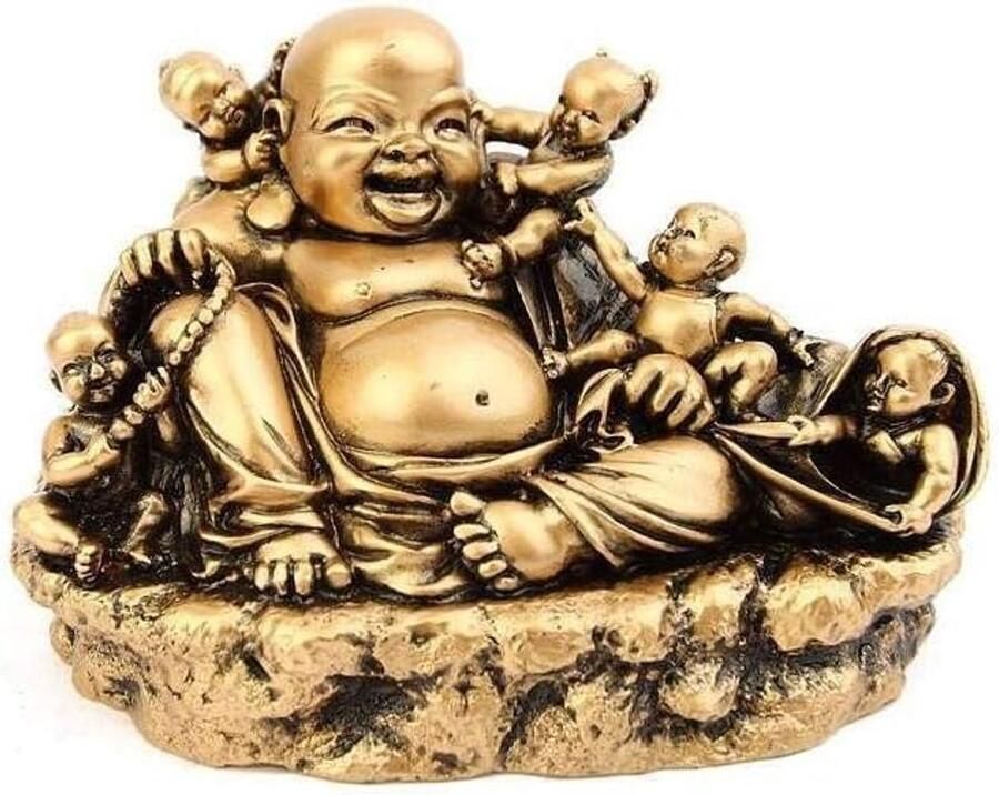 Lachineuse Lachend Boeddhabeeld met kinderen goudkleurig Feng Shui-decoratie Chinese zen decoratieobject voor binnen woonkamer cadeau-idee China Azië veel geluk