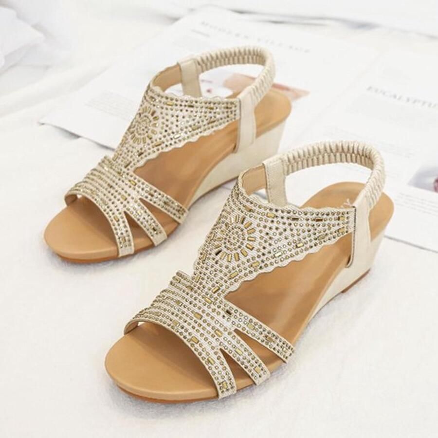 Lage hak sandalen Zomer Goud Strass Sleehak Platform Dames T-Bar Geschikt voor vrouwen