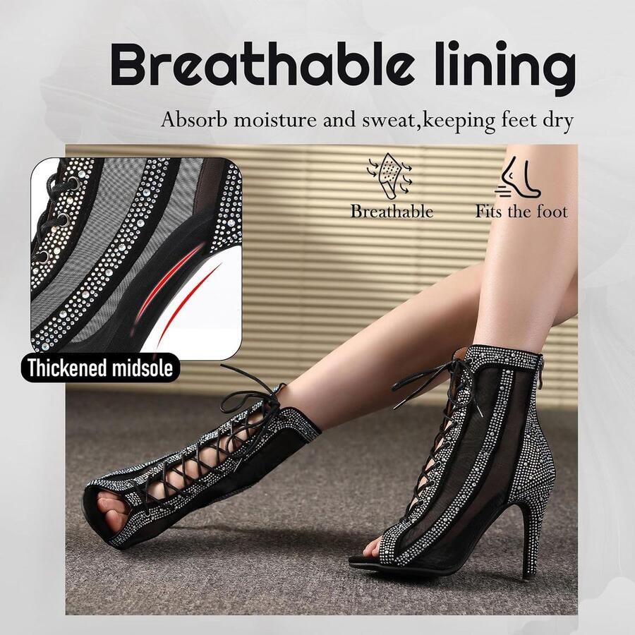 Latijns-Amerikaanse Danslaarzen Lace up Rhinestones Danslaarzen Peep Toe Ballroom Salsa Tango Practice en Performence Dansschoenen
