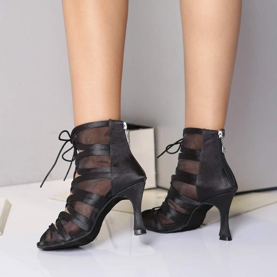 Latijnse Danslaarzen met Open Teen Standaard Ballroom Tango Salsa Dansschoenen Vetersluiting Model L444