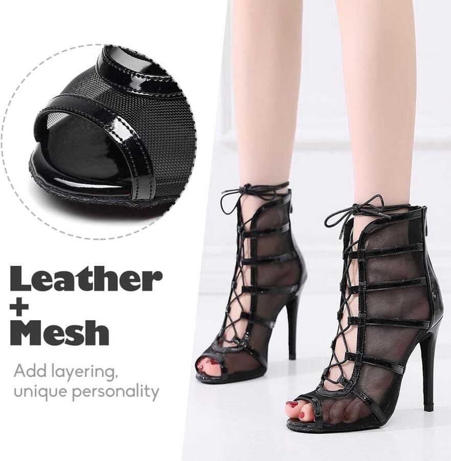 Latijnse Danslaarzen Open Teen Mesh Ballroom Tango Latin Salsa Lace-up Dancing Hakken