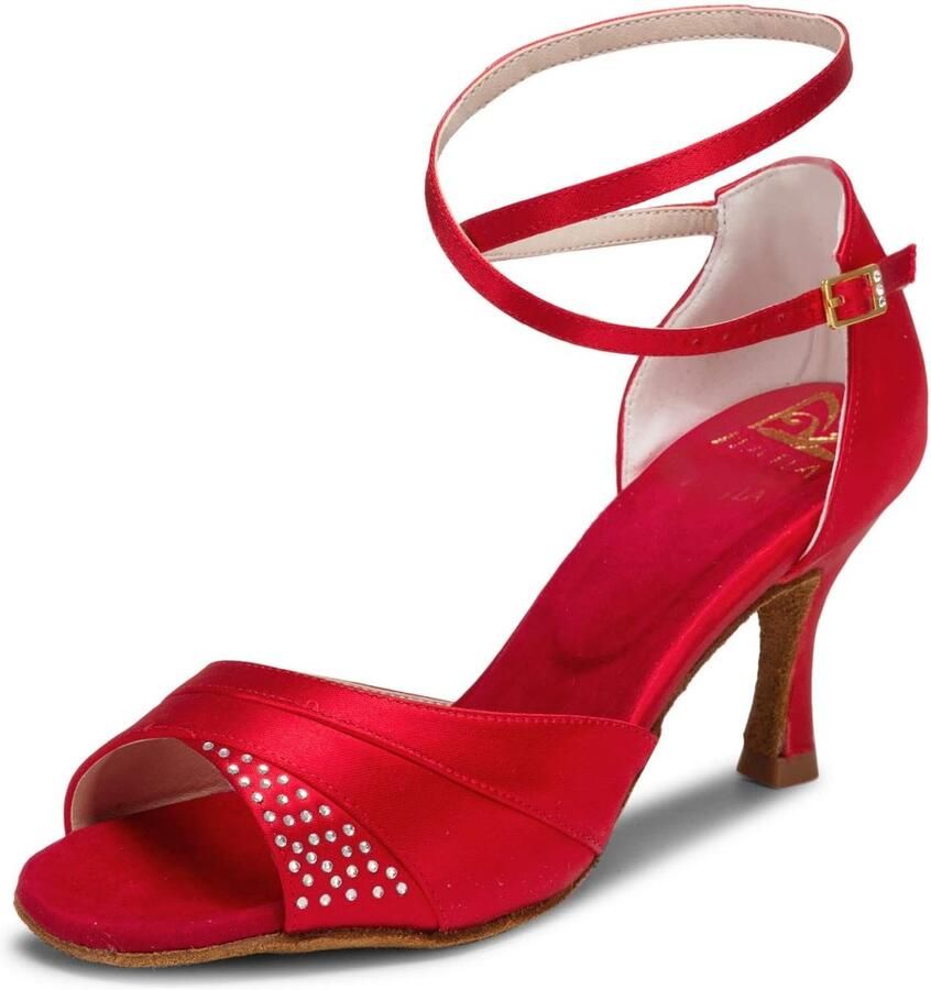 Dames Sandalen Flared Heel Super Satijn Rood met Strass Perfect voor Dansen ShopVlot