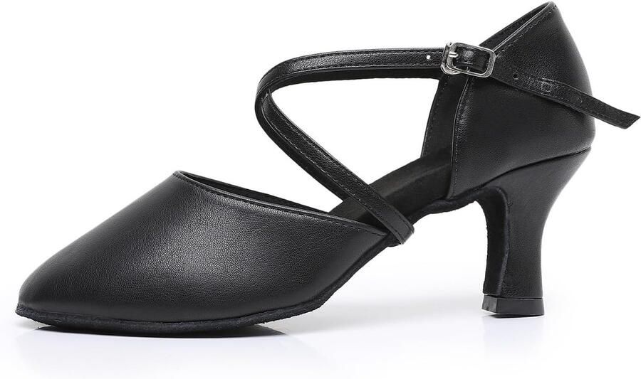 Latin Dance Schoenen Voor Vrouwen Lederen Gesloten Teen Ballroom Salsa Tango Prestaties Dansschoenen Bruiloft Party Zwart hak 39.5