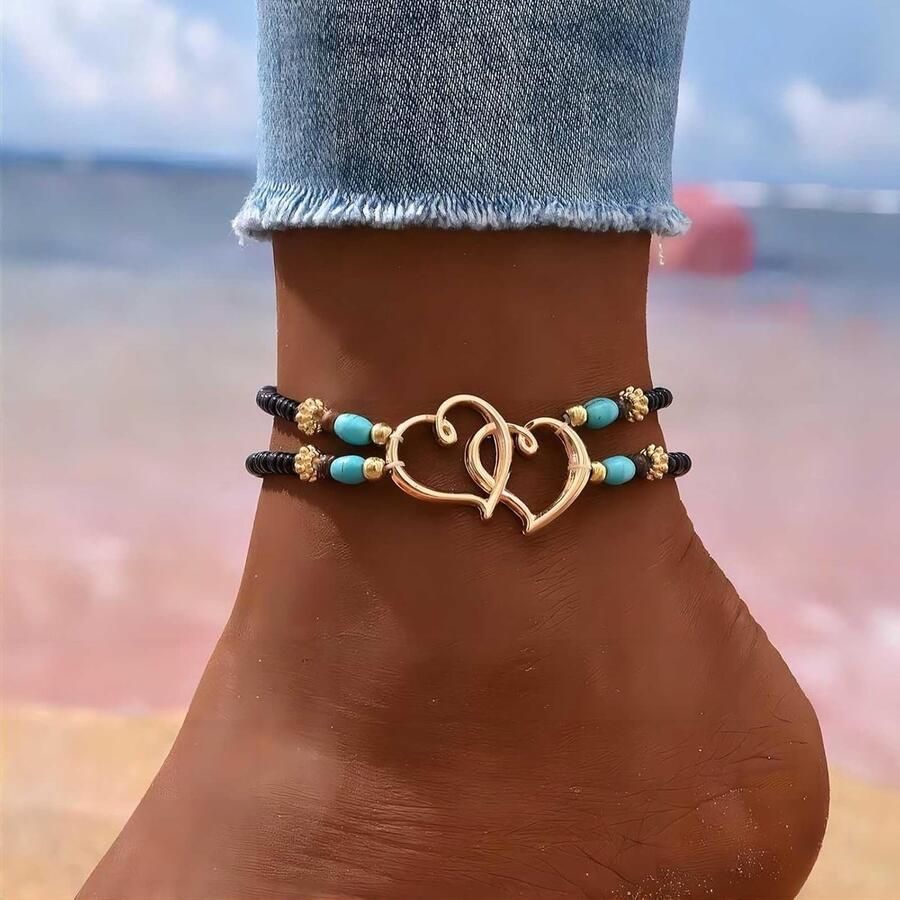 Layered parelzaad sandalen en enkelband met hartjes turquoise kleurrijke parels voor de zomer
