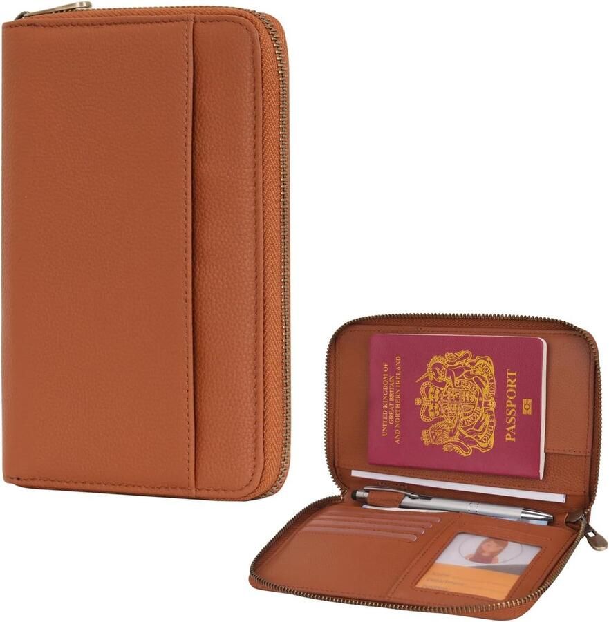 Lederen rits reizen paspoort portemonnee houder RFID blokkeren cover paspoort case pocket slot voor kaart contant geld ID instapkaart ticket voor nen en familie uitstapjes(Bruin)