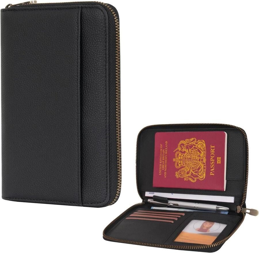 Lederen rits reizen paspoort portemonnee houder RFID blokkeren cover paspoort case pocket slot voor kaart contant geld ID instapkaart ticket voor nen en familie uitstapjes(Zwart)