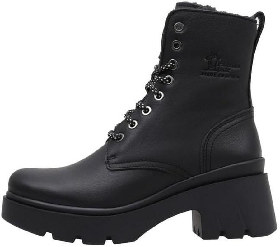 Leren Dames Combat Boots met Hak en Waterdichte Zwarte Panama Vetersluiting