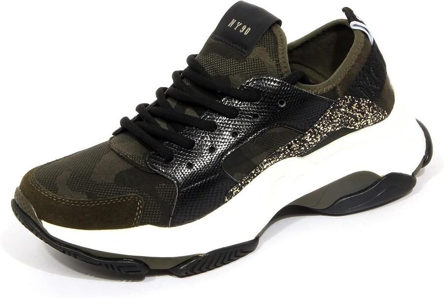 Leren & Stof Dames Sneakers Groen Zwart Glitter