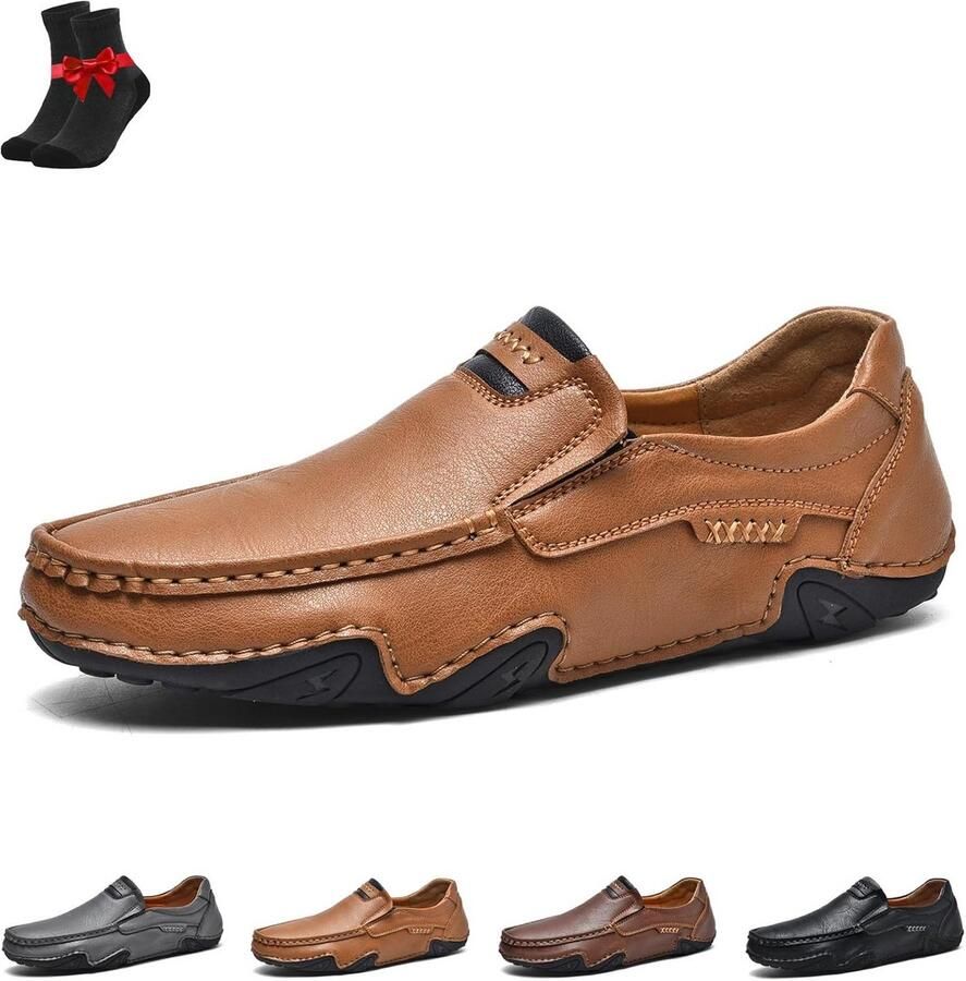 Leren Heren Loafers Handgestikt Platte Instappers voor Comfort en Stijl