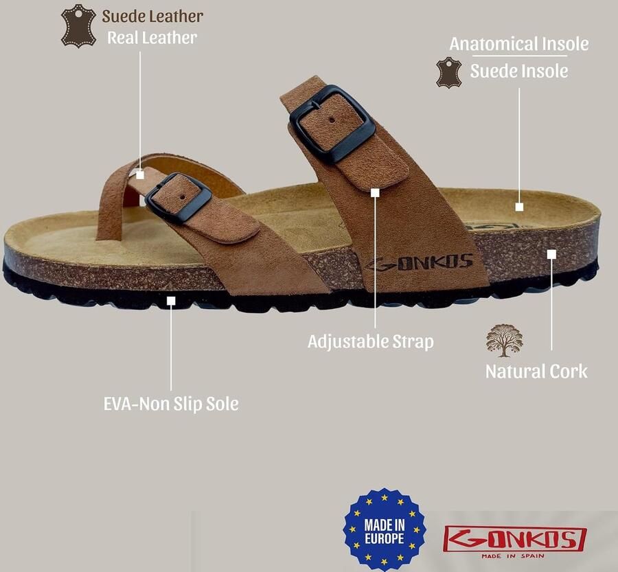 SnelShoppen Dames Leren Sandalen met Tussentoe Separator Kork Inlegzool Verstelbare Gesp Kwaliteit Sandalen Handgemaakt in Spanje Perfect voor