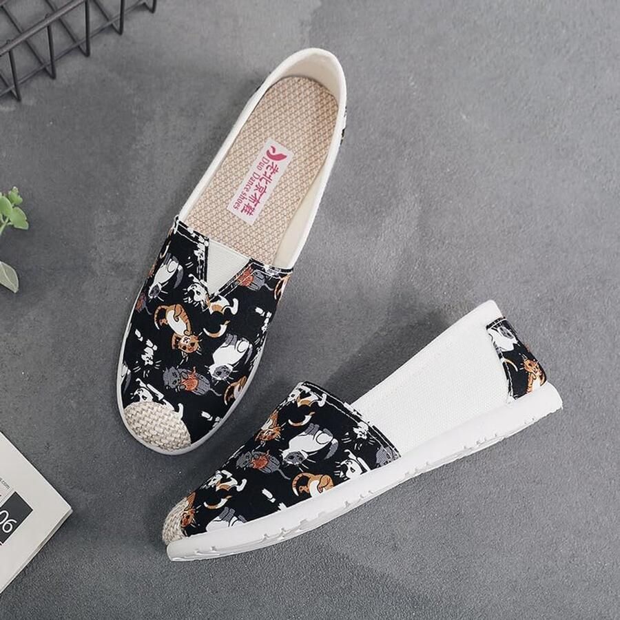 Leroy Witte Canvas Damesschoenen met Kattenprint Instappers Casual Schoenen met PV Zool
