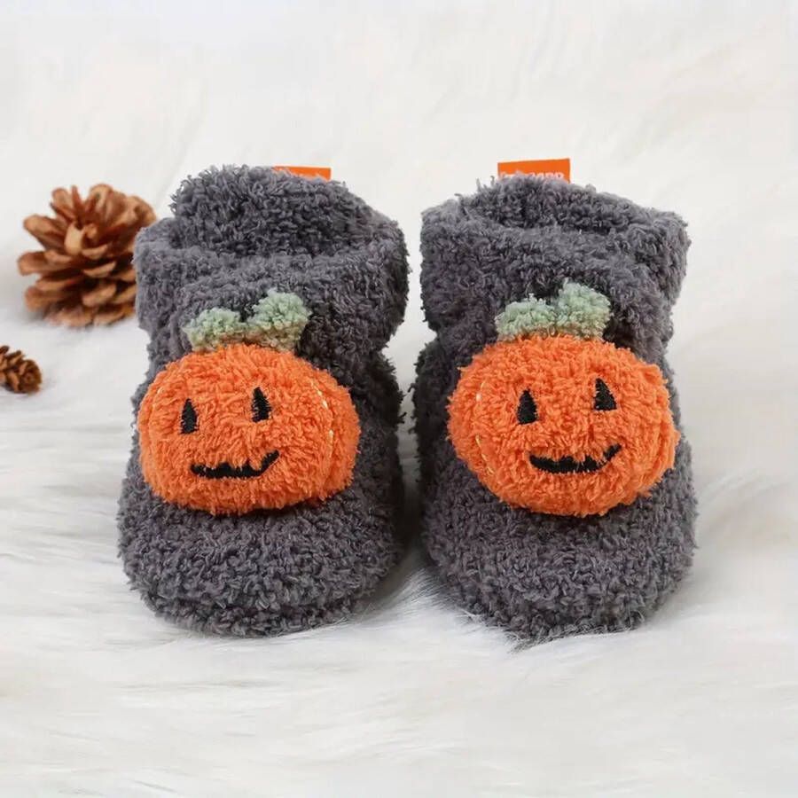 Leuke Cartoon Pompoen Pantoffels Voor Baby Peuter Comfortabele Zachte Warme Laarzen Voor Halloween Party-Slofjes- Herfst- Winter-Lekker warm-Sinterklaas cadeau-Kerst Cadeau-Verjaardag Cadeau-Makkelijk aan te doen-Klittenband