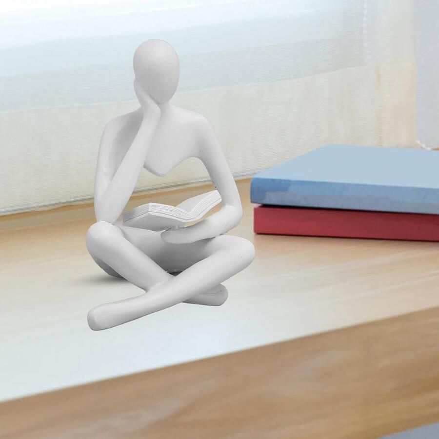 Lezen Standbeeld Hars Zittende Figuur Abstracte Kunst Ornament voor Woonkamer Kast Decoratie (Wit)