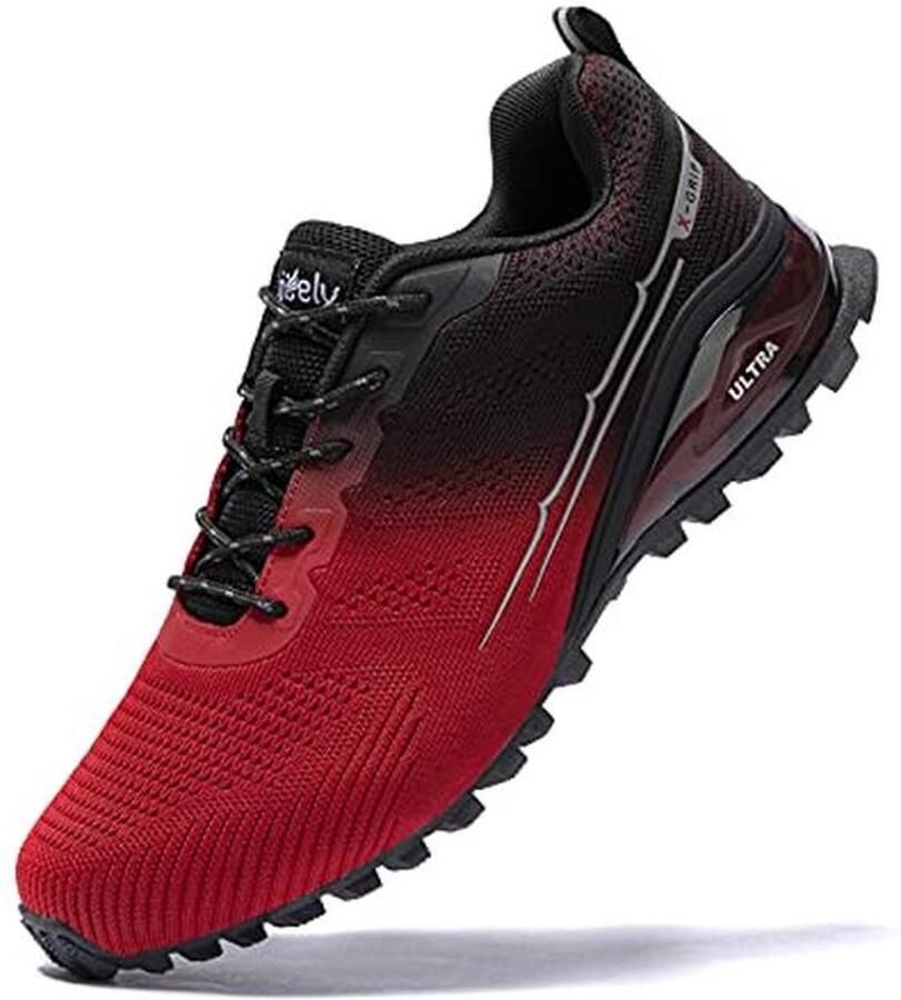 Lichte ademende trailloopschoenen voor heren Antislip outdoor sneakers in kleur rood zwart