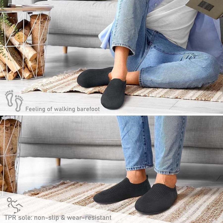 Lichte en comfortabele huis slippers voor en antislip sokken met rubberen zool voor binnen en buiten Zwart