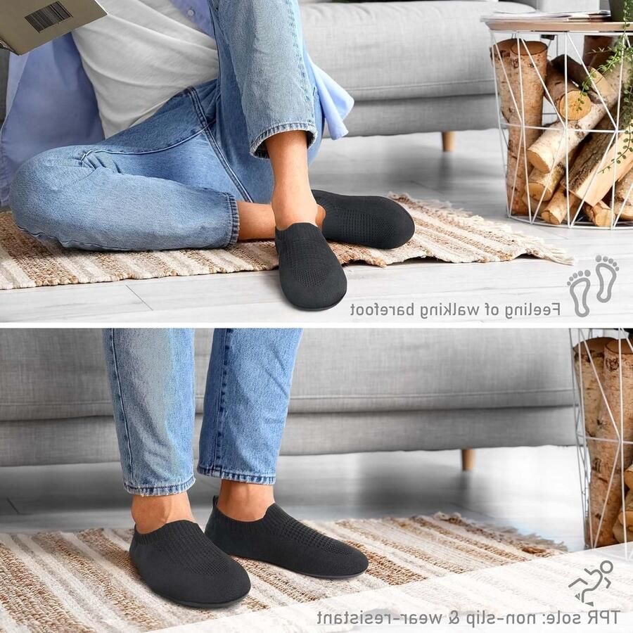 Lichte en comfortabele huisslippers voor en antislip sokken met rubberen zool voor binnen en buiten Zwart