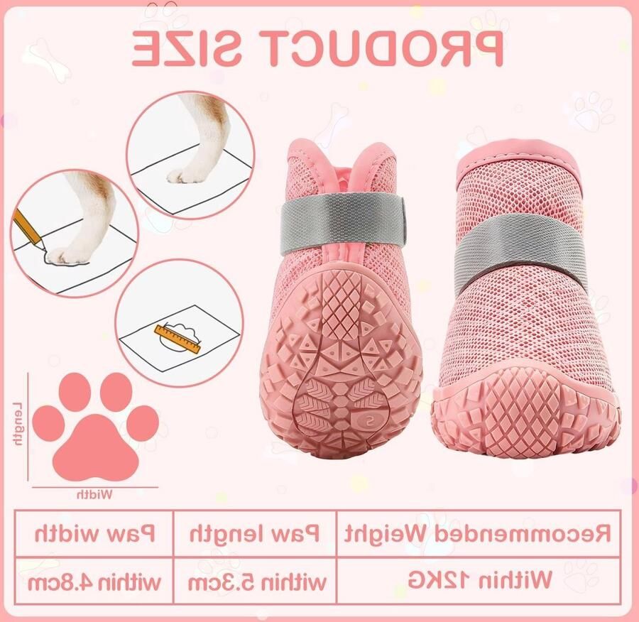 Lichte Hondenlaarzen voor Kleine Honden onder 12kg Ademend en Verstelbaar Antislip Schoenen voor Wandelen en Bescherming van Gewonde Pootjes (Roze)
