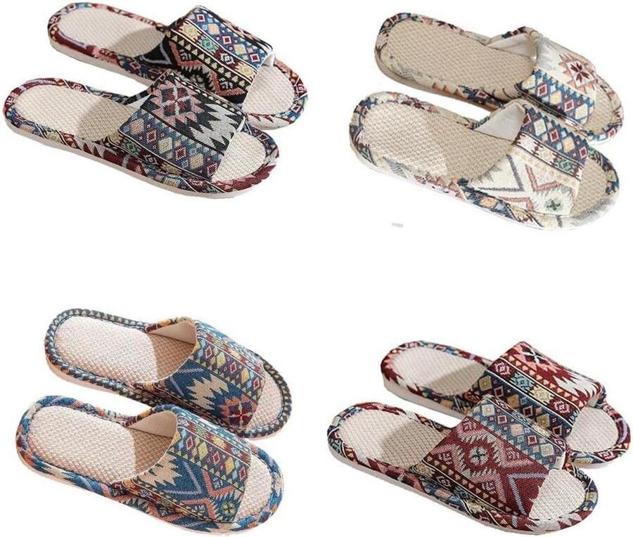 Linnen Pantoffels Gasten Slippers Thuis Gebruik Niet-Slip Zool 4 Paren Set Naturel