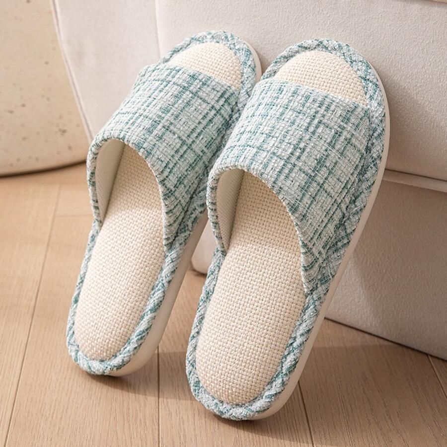 Linnen slippers voor en ade de zomerschoenen voor thuis met antislip rubberen zool lichtgewicht geruite sandalen voor binnen comfortabele slippers voor thuis en in de slaapkamer Lichtblauw Geschikt voor