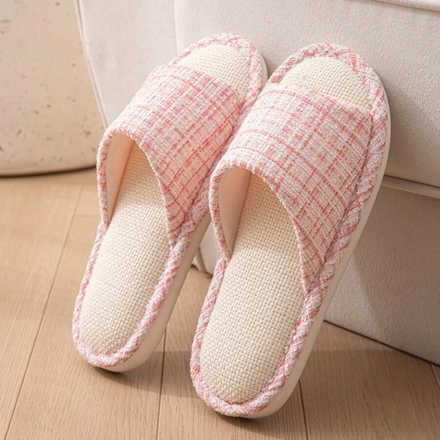 Linnen slippers voor en ade de zomerschoenen voor thuis met antislip rubberen zool lichtgewicht geruite sandalen voor binnen comfortabele slippers voor thuis en in de slaapkamer Roze Geschikt voor