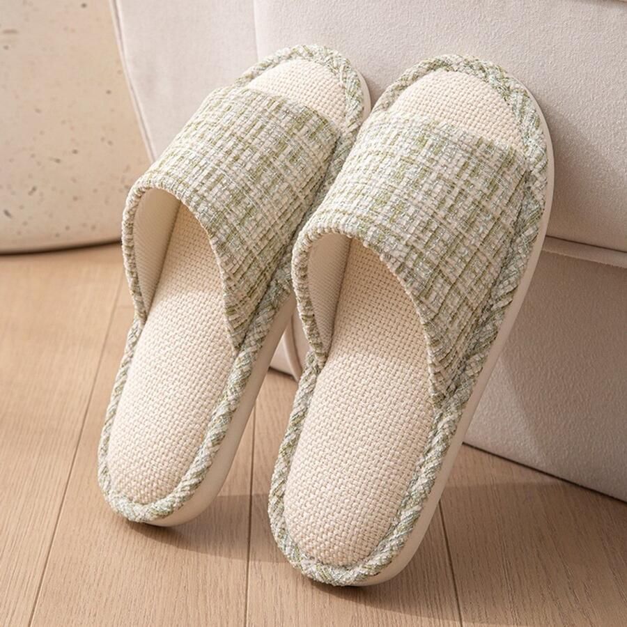 Linnen slippers voor en ade de zomerschoenen voor thuis met antislip rubberen zool lichtgewicht geruite sandalen voor binnen comfortabele slippers voor thuis en in de slaapkamer Groen Geschikt voor