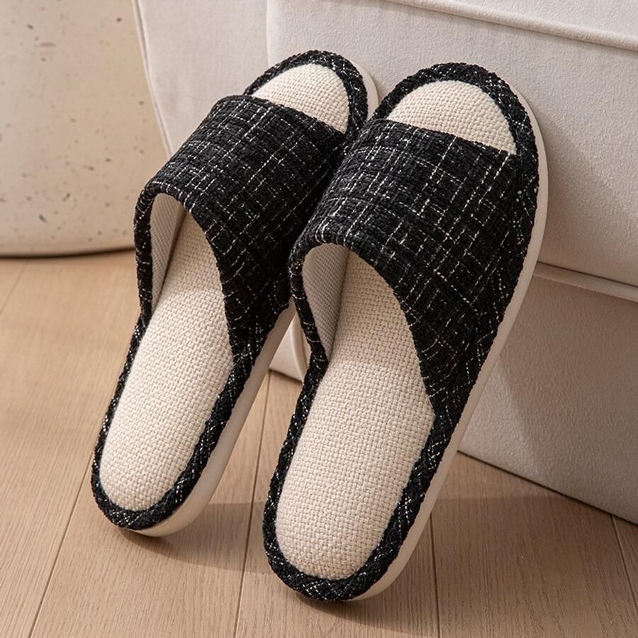 Linnen slippers voor en ade de zomerschoenen voor thuis met antislip rubberen zool lichtgewicht geruite sandalen voor binnen comfortabele slippers voor thuis en in de slaapkamer Zwart Geschikt voor