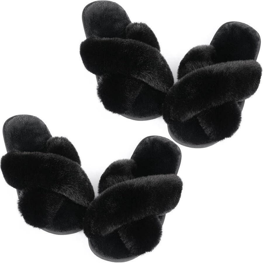 Luxe Pluizige Dames Slippers met Memory Foam Kruisband & Open Teen Indoor Outdoor