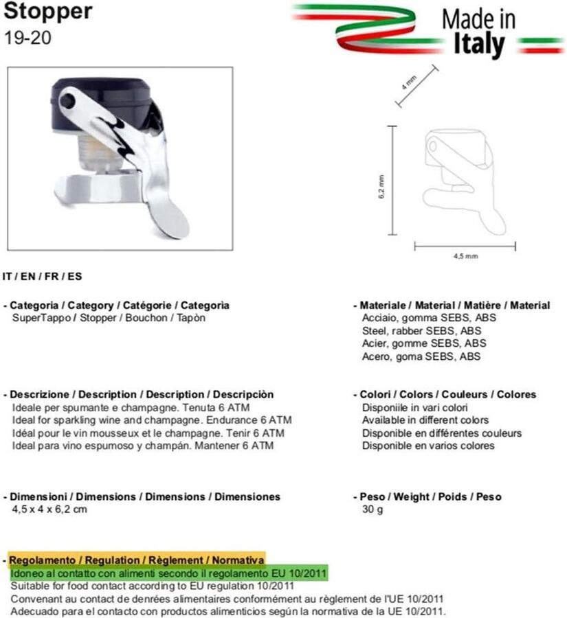 Made in Italy Set 6 stuks Universele wijn- en champagnestopper met BLOCKWAF systeem tot 6 ATM. Van verchroomd staal Model 1920 Color met roestvrijstalen klep (Rainbow)