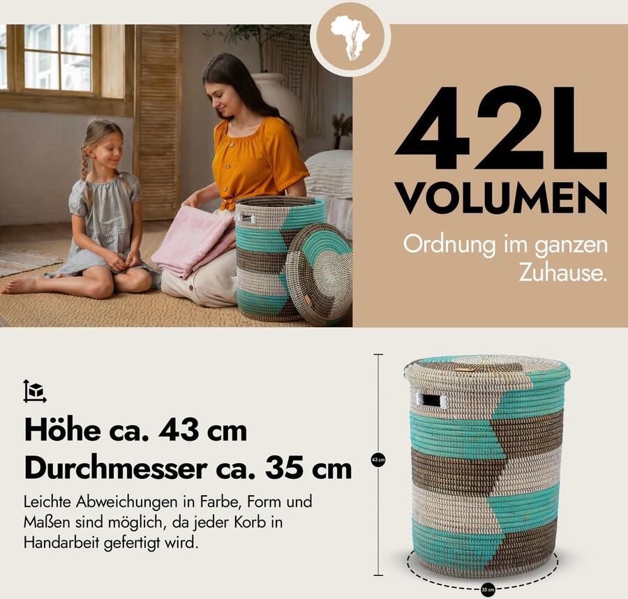 Mand met deksel 50 liter gevlochten Afrikaanse mand wasverzamelaar met deksel opbergmand voor speelgoed en dekens mand met handvat model Kumasi