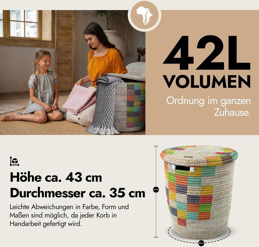 Mand Yaadu mand Numu made in Afrika van savannengras met plat deksel hoogte gemeten met deksel ca. (wit-kleurrijk-rechthoek)