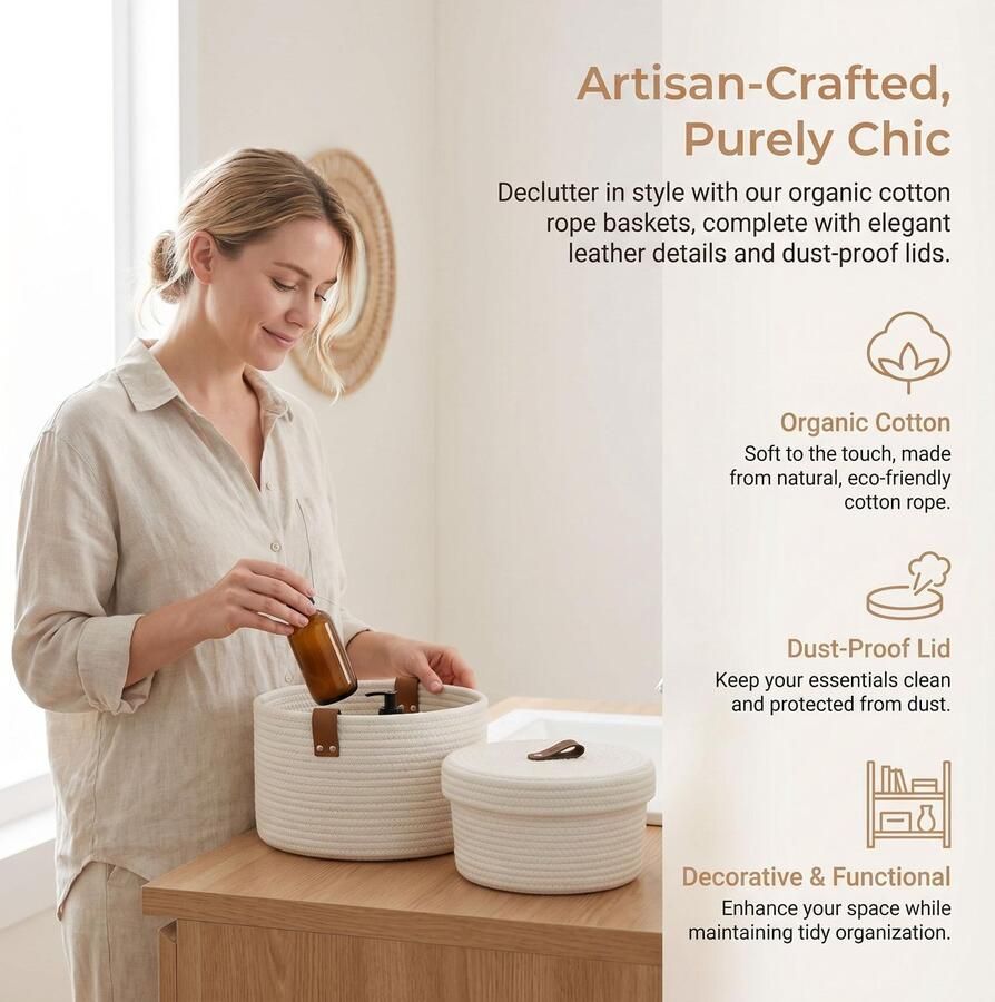 Manden met deksel rond katoenen draad gevlochten met deksel wasbare decoratieve mand multifunctionele organizer voor planken woonkamer en badkamer (jute wit)