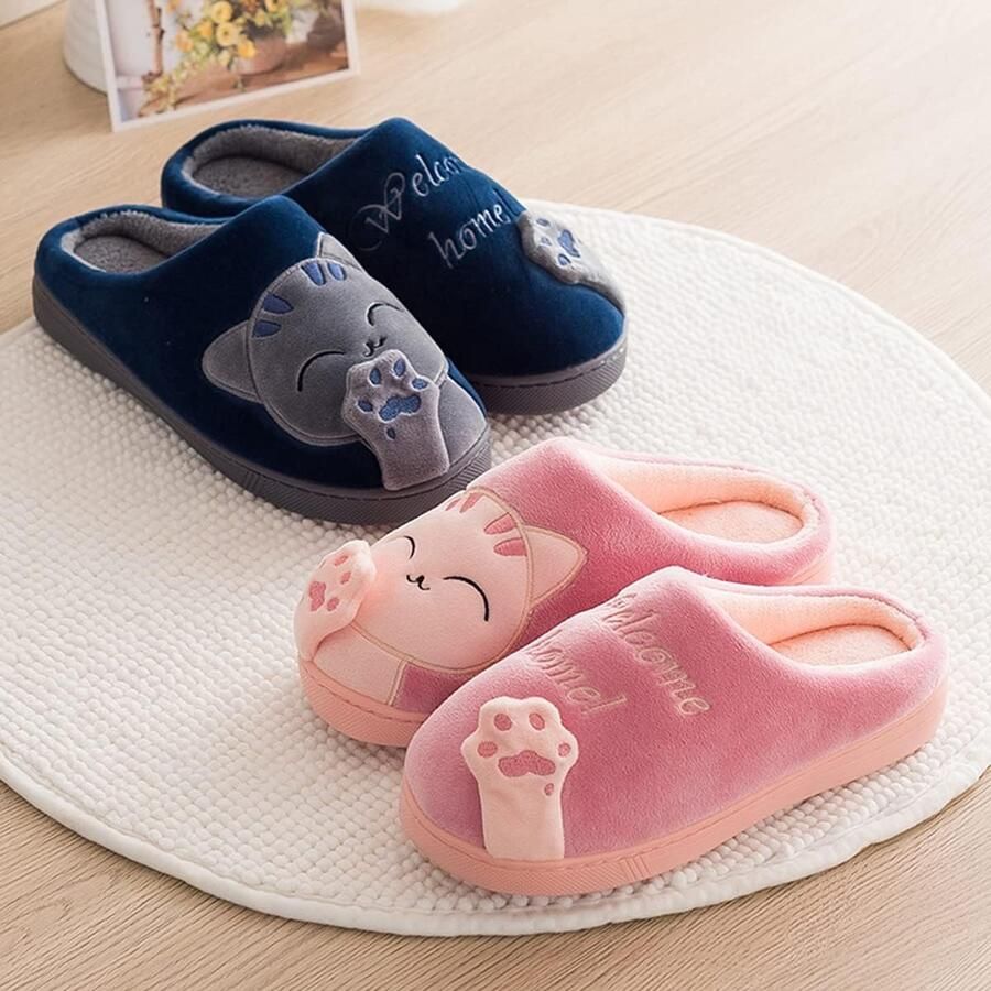 gni Katoenen Winterpantoffels voor Indoor Warm Pantoffels Cartoon Kat Pluche Licht Slippers Memory Foam Slippers Antislip Huisschoenen Blauw Gr.41 42 EU=Schoenzoelen:42 43