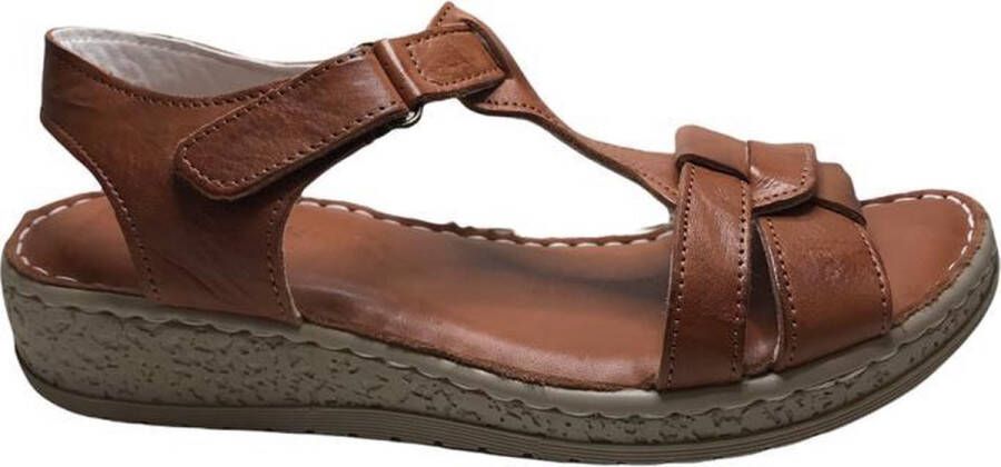 Manlisa 4 cm hoogte lederen comfort velcro sandalen S204-08 camel