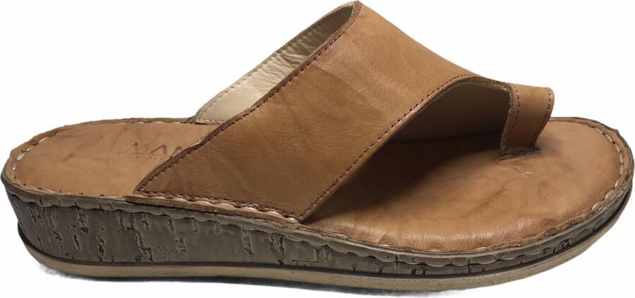 lisa 4 cm hoogte lederen comfort teen slippers W107-1880 Camel