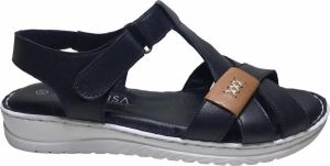 Manlisa velcro 3 kruisjes platte lederen comfort sandalen S147-20-1725 navy wit