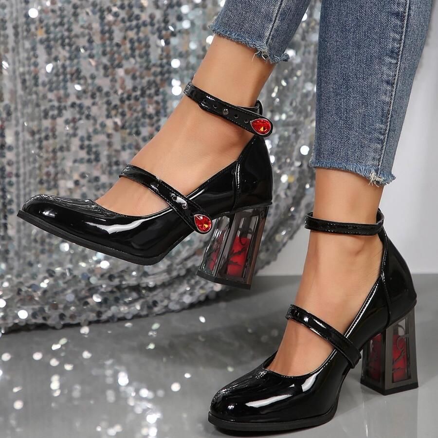 Mary Jane Platform Shoes Sweet Toe Ankle Lolita Gothic Dress Pumps Patent Leather Style 10 in Black 3.5 UK Narrow