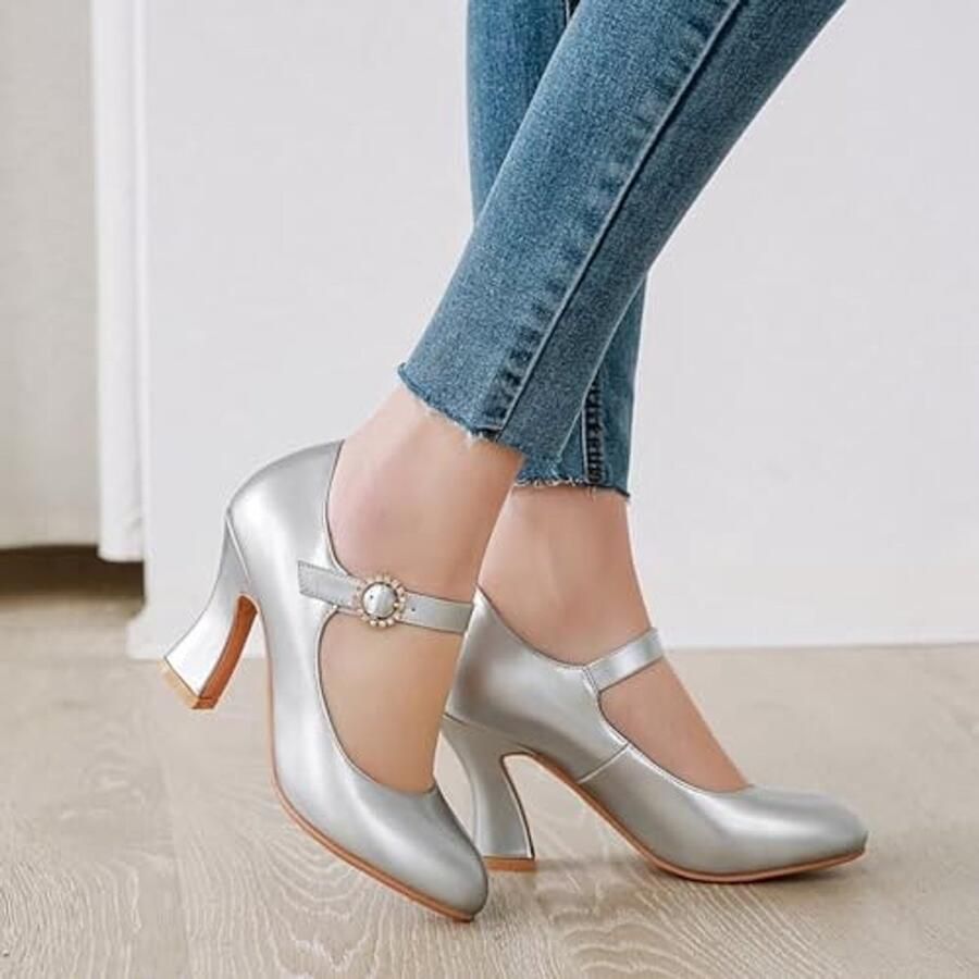 Mary Jane Pumps met Blokhak Zilver