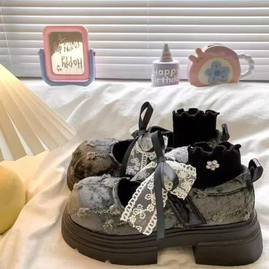Mary Jane-schoenen met grunge platform voor dames noodlijdende denim fluwelen kanten strik dikke zool loafers zoete coole stijl casual feestschoenen
