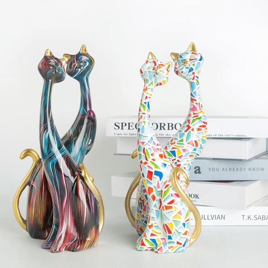 Masteymoh 2 stuks kunsthars sculptuur standbeeld katten olieverfschilderij katten sculpturen voor thuis kantoor hotel boekenplank desktop decoratie (levendige KY145)