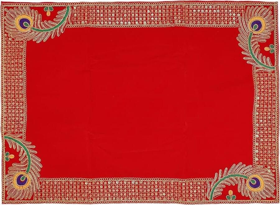 Mat Aasan Velvet Pooja Decorative Cloth Inches X 17 Inches) for Multipurpose Indian Traditional Ethnic New year Festival Pooja Decorations Puja Item Articles Laxmi (Red)