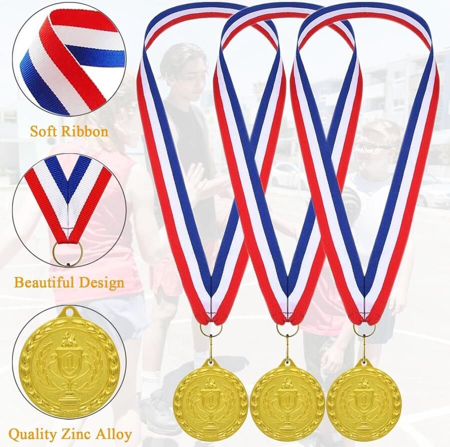 Medailles voor kinderen 12-pack gouden metalen medaille Olympische decoratie sportdagmedailles met lint ketting voor sportdagprijzen gymnastiekwedstrijden feestgeschenken kinderen en