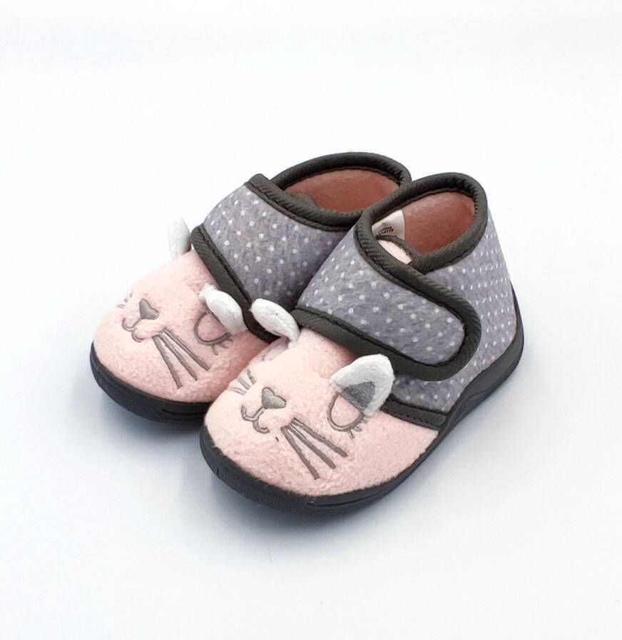 Meisjes baby peuter kleuter poes dieren pantoffels zeer zachte sloffen roze en grijs met leuk poezen gezichtje en stippen print sterke antislip instappers met klittenband velcro sluiting