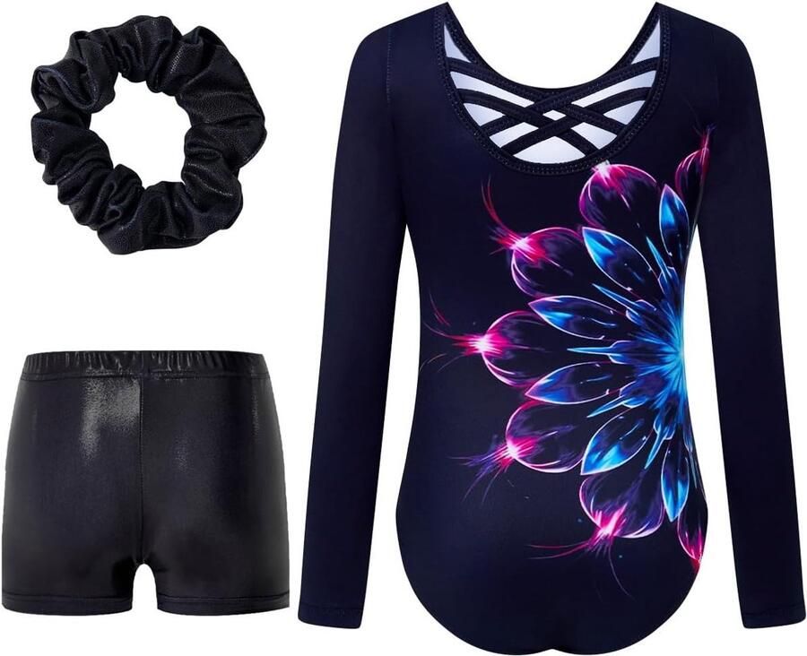 Meisjes Leotard met Cross Back en Lange Mouwen Sprankelende Balletoutfit met Fietsshorts