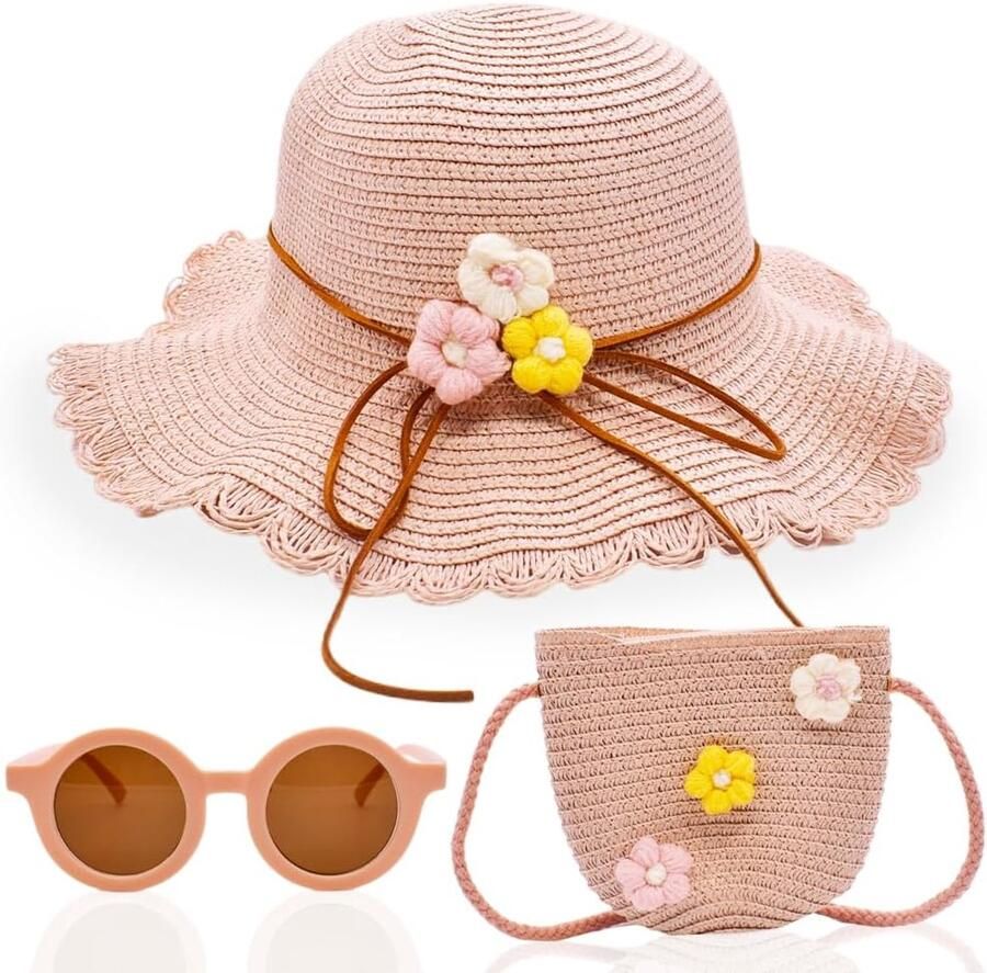 Meisjes Strohoed Strand KNBMCAV Kinder Strohoed Set Roze Zomer Strandhoed met Bloemen Decoratie Geweven Tasje en Zonnebril voor Reis Vakantie Strand Outdoor Activiteiten 3 stuks