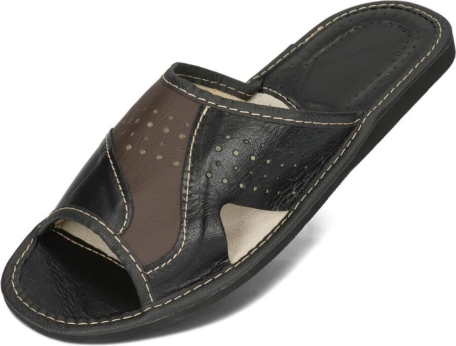Merkloze Heren Leren Slippers Zwart Bruin Rood