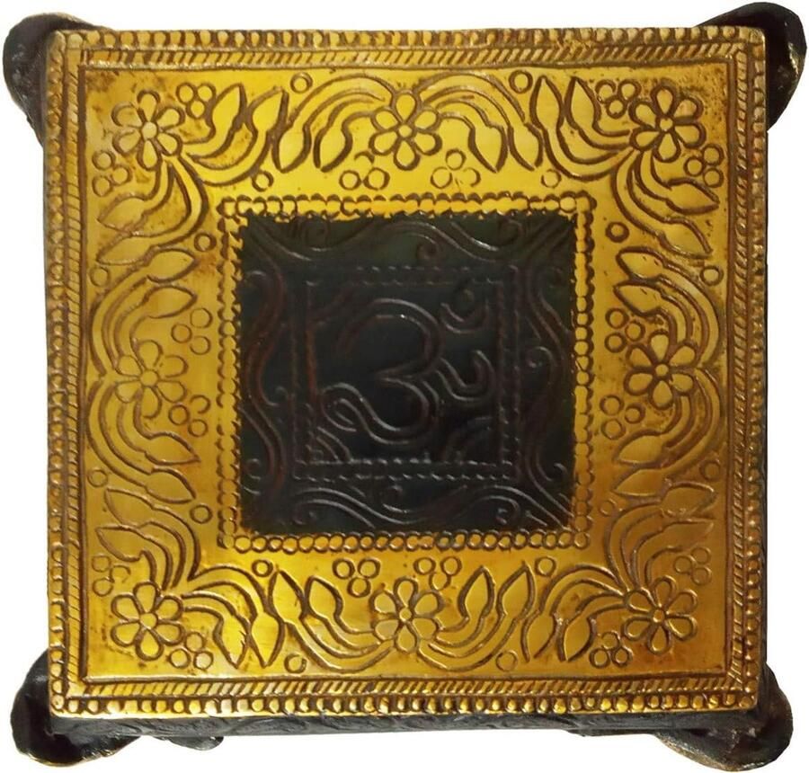 Messing Platform Chowki met Olifant Poten: Vierkante Plint voor Standbeeld Idol Vaas of Artefacten in Antiek Goud Zwart Pools (11950A)