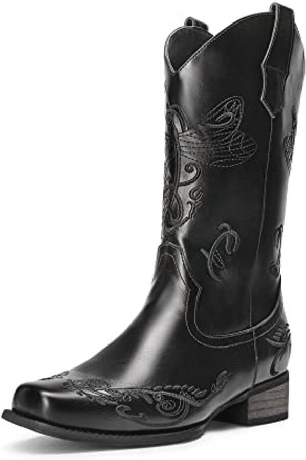 Mid-Calf Cowboy Boots for Women Embroidered Square Toe Western Footwear