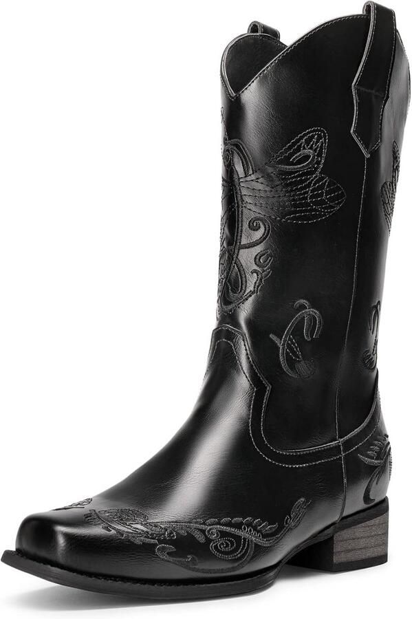 Mid-Calf Cowboy Boots for Women Embroidered Square Toe Western Footwear