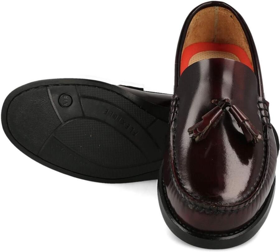 Mocassin Loafer van Leer. Gemaakt in Spanje. Masker en Kwastjes Schoen Voor Heren. Zeer Flexibele Rubberen Zool. Anti-Rimpel Huid. Anti slip. Bordeaux en Zwart
